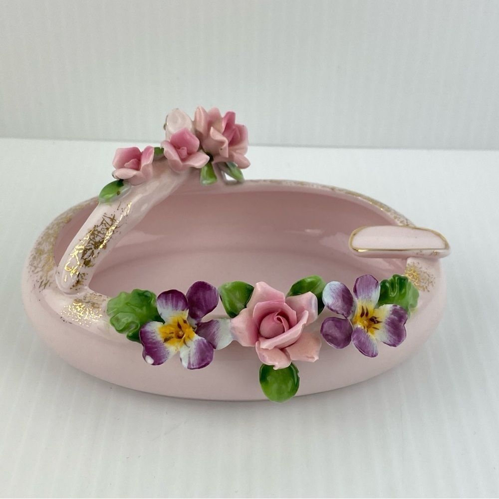 L'Amour Pink Floral Ashtray Decorative Dish Handpainted China
